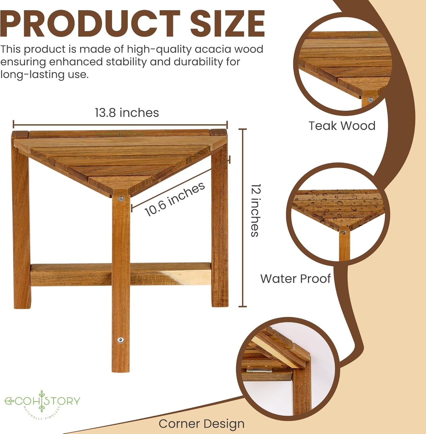 Eco History Shower Stool for Shaving Legs – 12 Inch Natural Acacia Shower Wooden Stool – Corner Foot Rest with Non-Slip Rubber Feet – Bench Seat Bathroom Organizer – Folding Design
