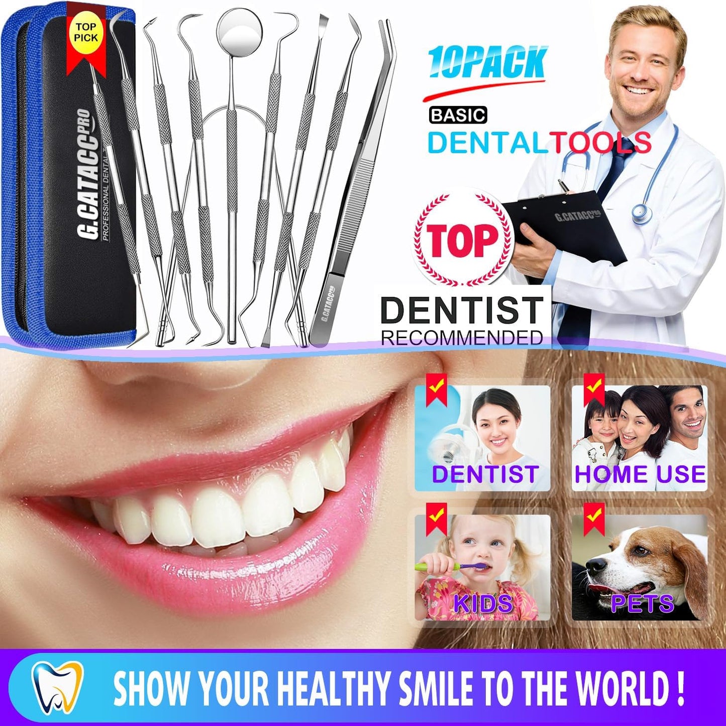 G.CATACC 10 Pack Dental Tools, Professional Plaque Remover for Teeth Cleaning Tools Set, Stainless Steel Hygiene Kit with Dental Pick Tooth Scraper Plaque Tartar Remover Tongue Cleaner - with Case