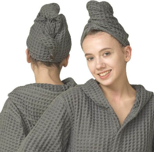 Hair Towel | 100% Cotton Silk Hair-Drying Waffle Wrap Turban for Women, Ultra-Absorbent, Anti Frizz, Hair Damage Protection for Straight and Curly Hair (Smoke Grey, 2 Pack)