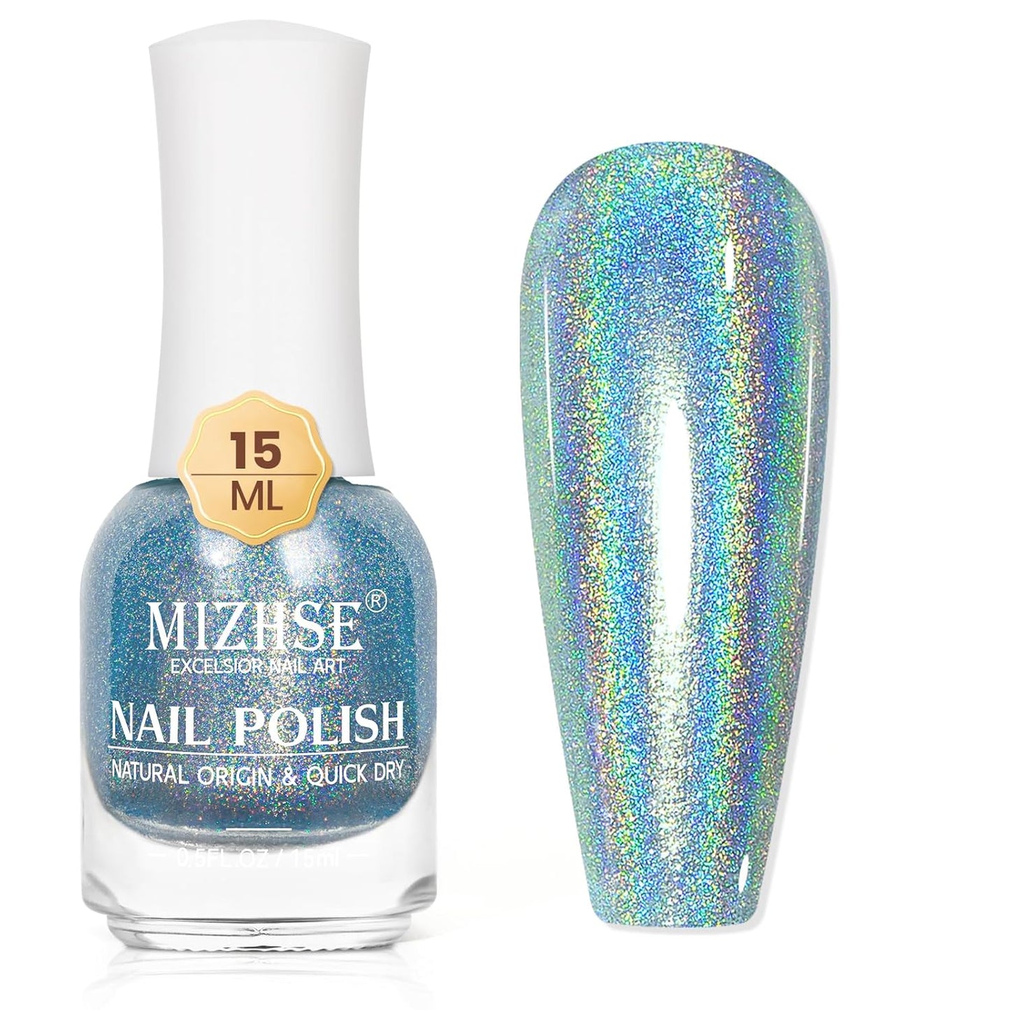 MIZHSE Holographic Nail Polish, Blue Glitter Nail Polish Air Dry Fast, 15ml/0.5 fl oz High Glossy Shiny Shimmery Nail PigmentLaser Oil-based Iridescent Chrome Halo Nail Art Salon Manicure at Home
