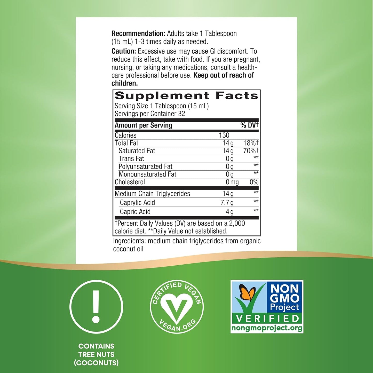 Nature's Way Organic MCT Oil, 16 Fl Oz, Brain and Body Fuel from Coconuts*, C8 Caprylic Acid and C10 Capric Acid, Keto and Paleo Certified, Organic, Non-GMO Project Verified