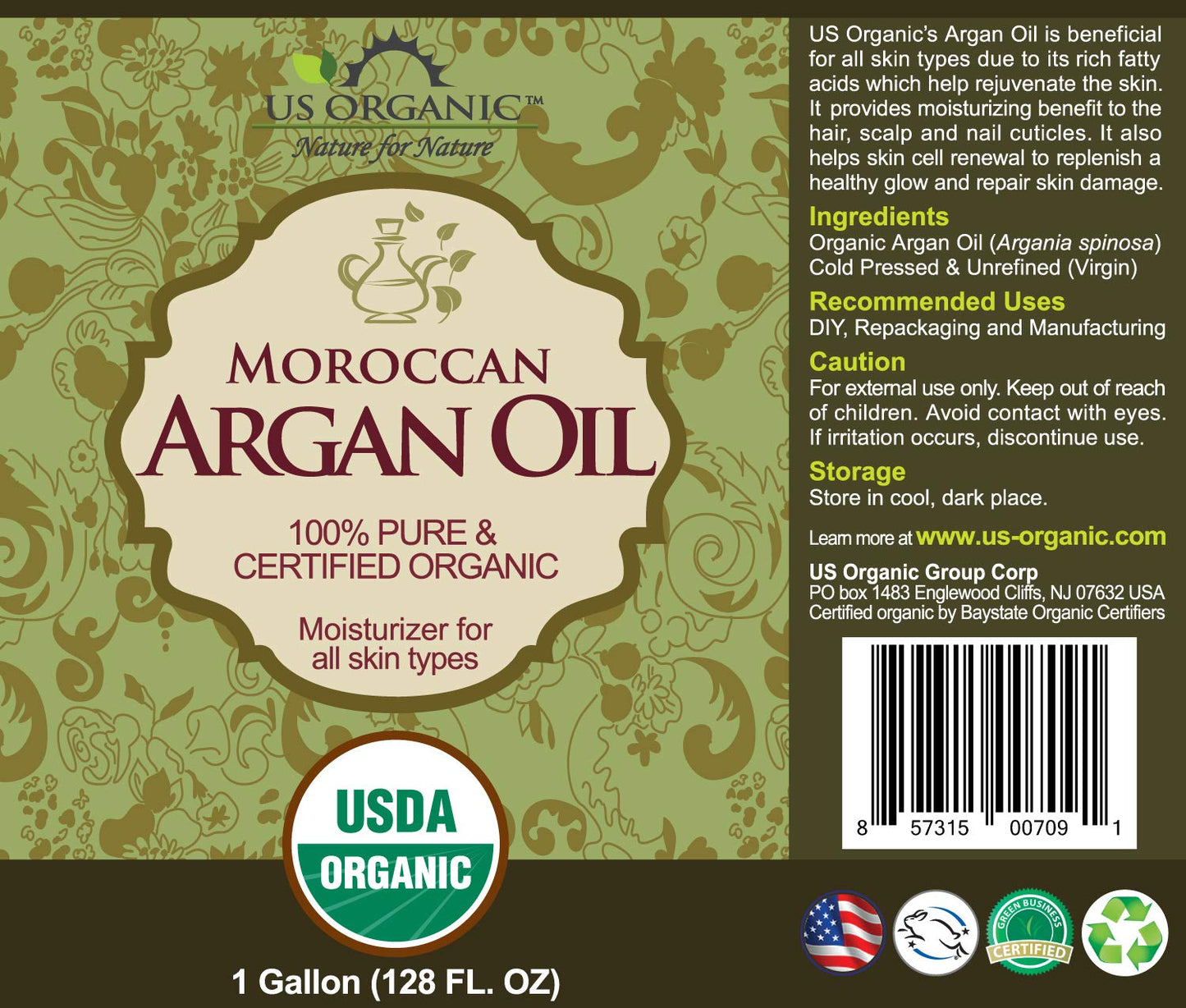 US Organic Moroccan Argan Oil, USDA Certified Organic,100% Pure & Natural, Cold Pressed Virgin, Unrefined, Origin_Morocco, Size for DIY and small manufacturers (128 oz (1 Gallon))
