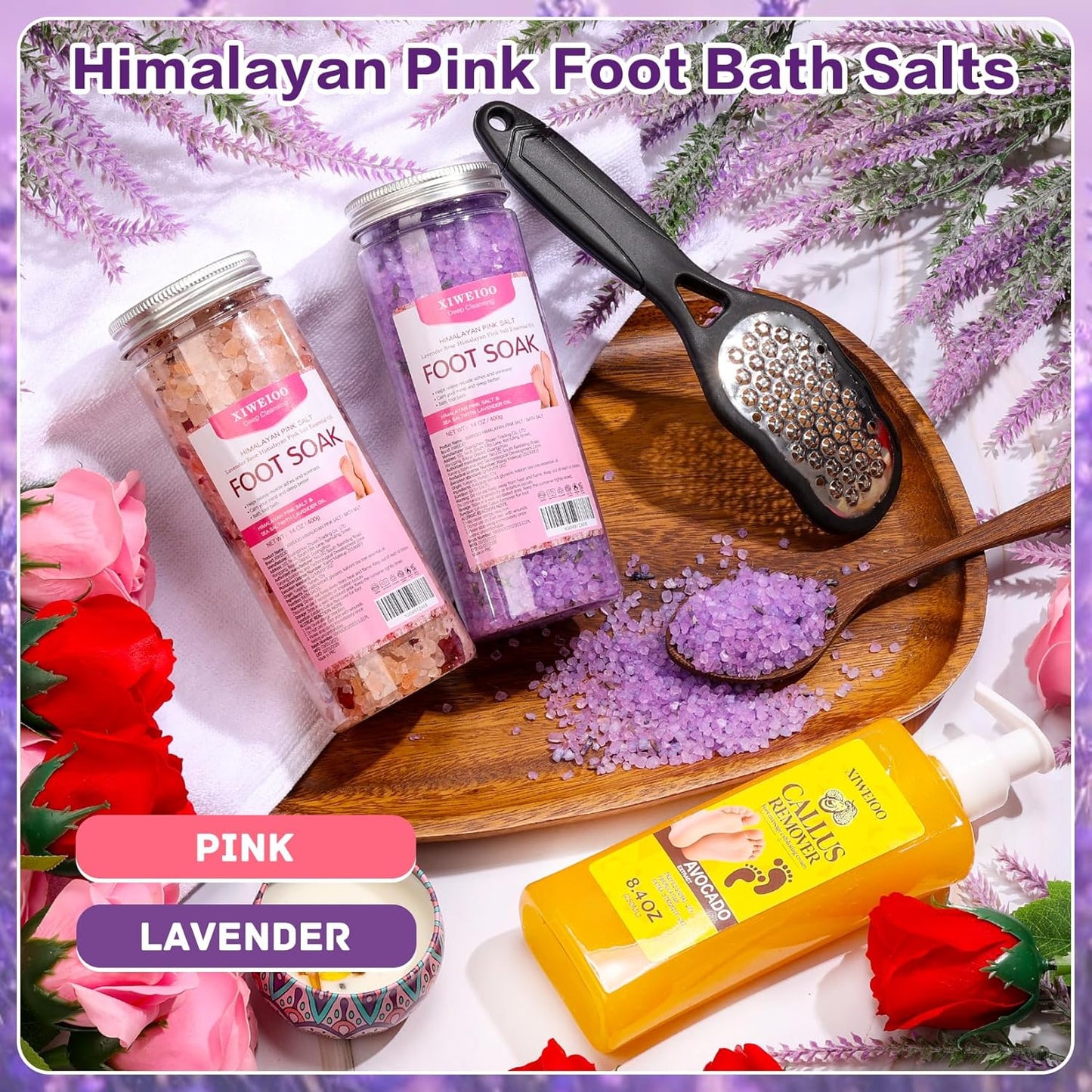 Himalayan Pink FOOT SOAK SALT Kit Tea Tree Oil - Moisturize, Foot Odor cream spa bath massager Epsom Salt foot pedicure at home spa Callus Remover Gel Kit Foot file tools