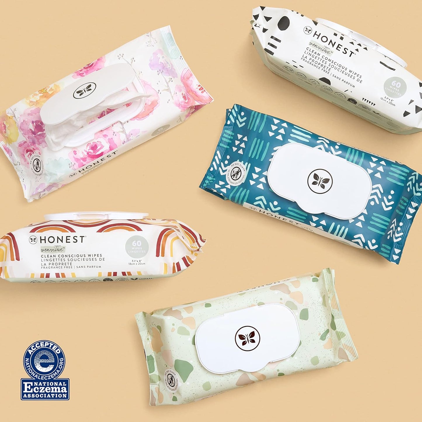 The Honest Company Clean Conscious Multi-Use Wipes Hypoallergenic and Unscented for Sensitive Baby Skin Over 99% Water Compostable Plant Based Baby Wipes Rainbow 60 Count