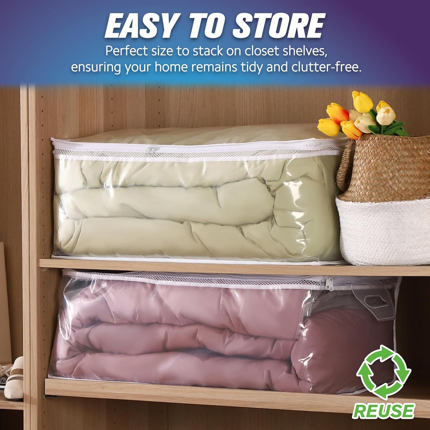 HIBAG 20 Gallon Large Storage Bag for Clothes, Zipper Clothing Storage Bag, Clear Organizer with Reinforced Handles, for Comforters Blankets Pillows Bedding (1 Pack)