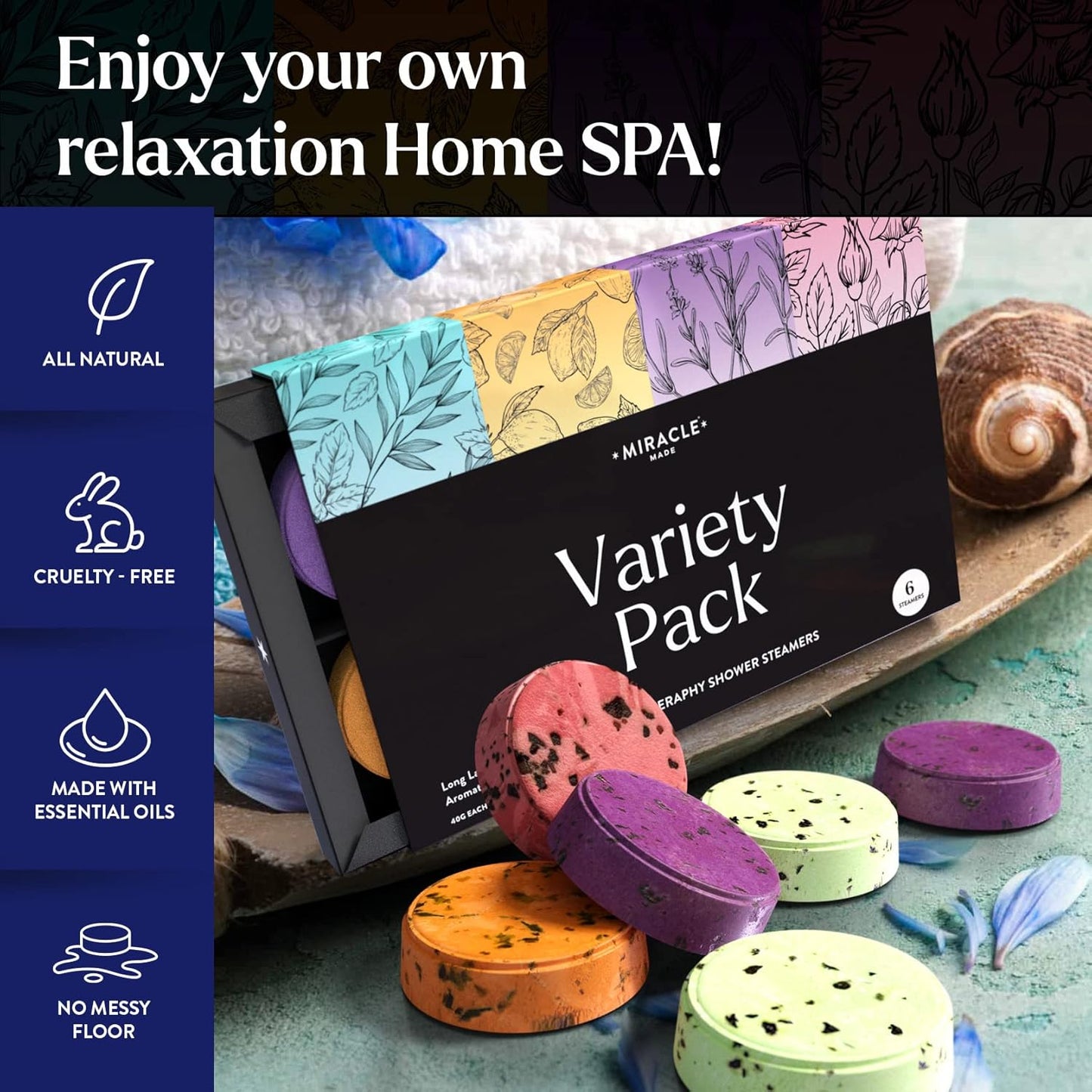 Miracle Made Variety Pack Aromatherapy Shower Steamers – Essential Oil Shower Bombs for Relaxation, Nasal Relief & Daily Self-Care – 6 Shower Melt Tablets with Dried Flowers