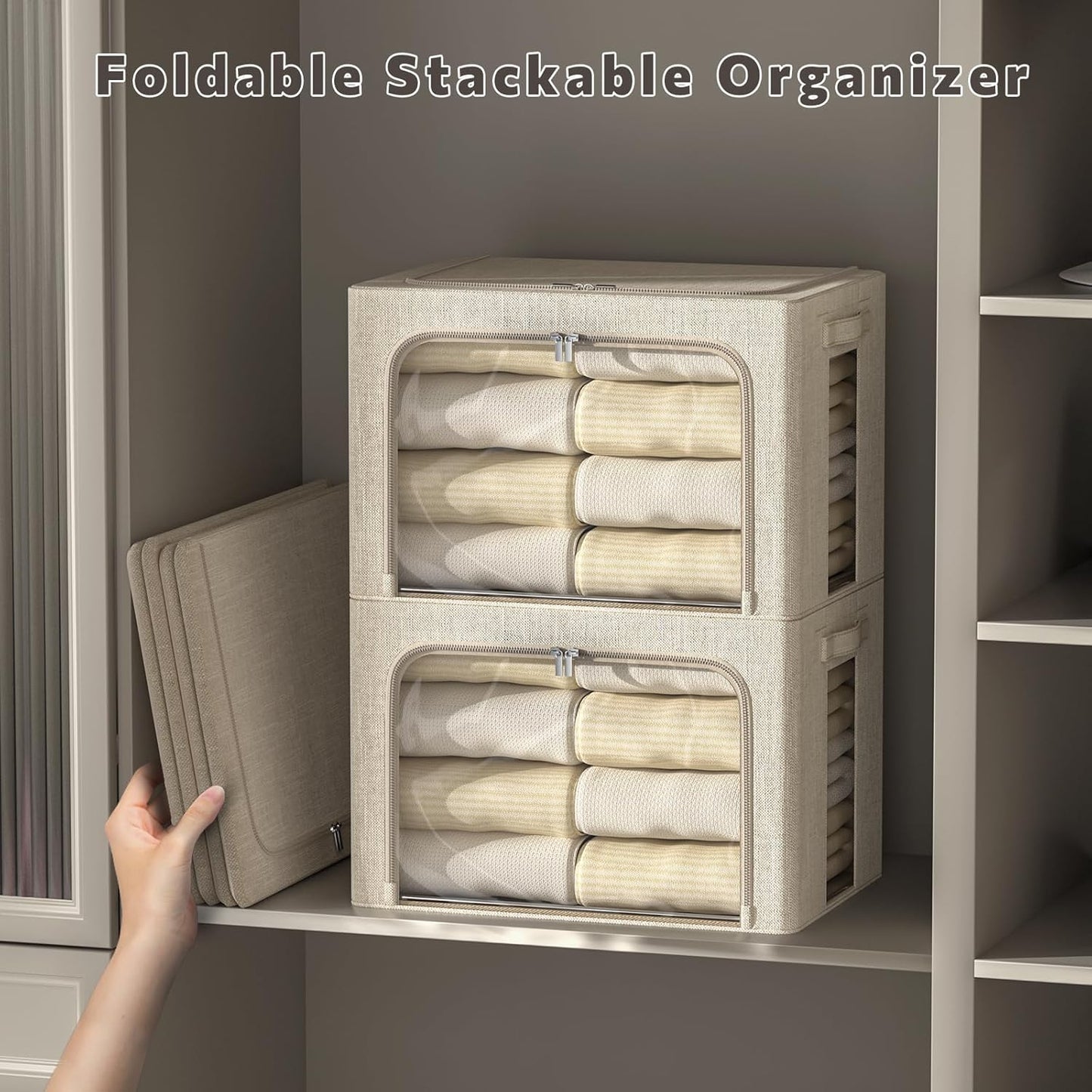 FHSQX 6 Pack Clothes Storage Bins with Metal Frame 100L Foldable Storage Bins for Clothes Linen Fabric Storage Box with Clear Window (Beige, 23.6x16.5x15.7inch(100L))