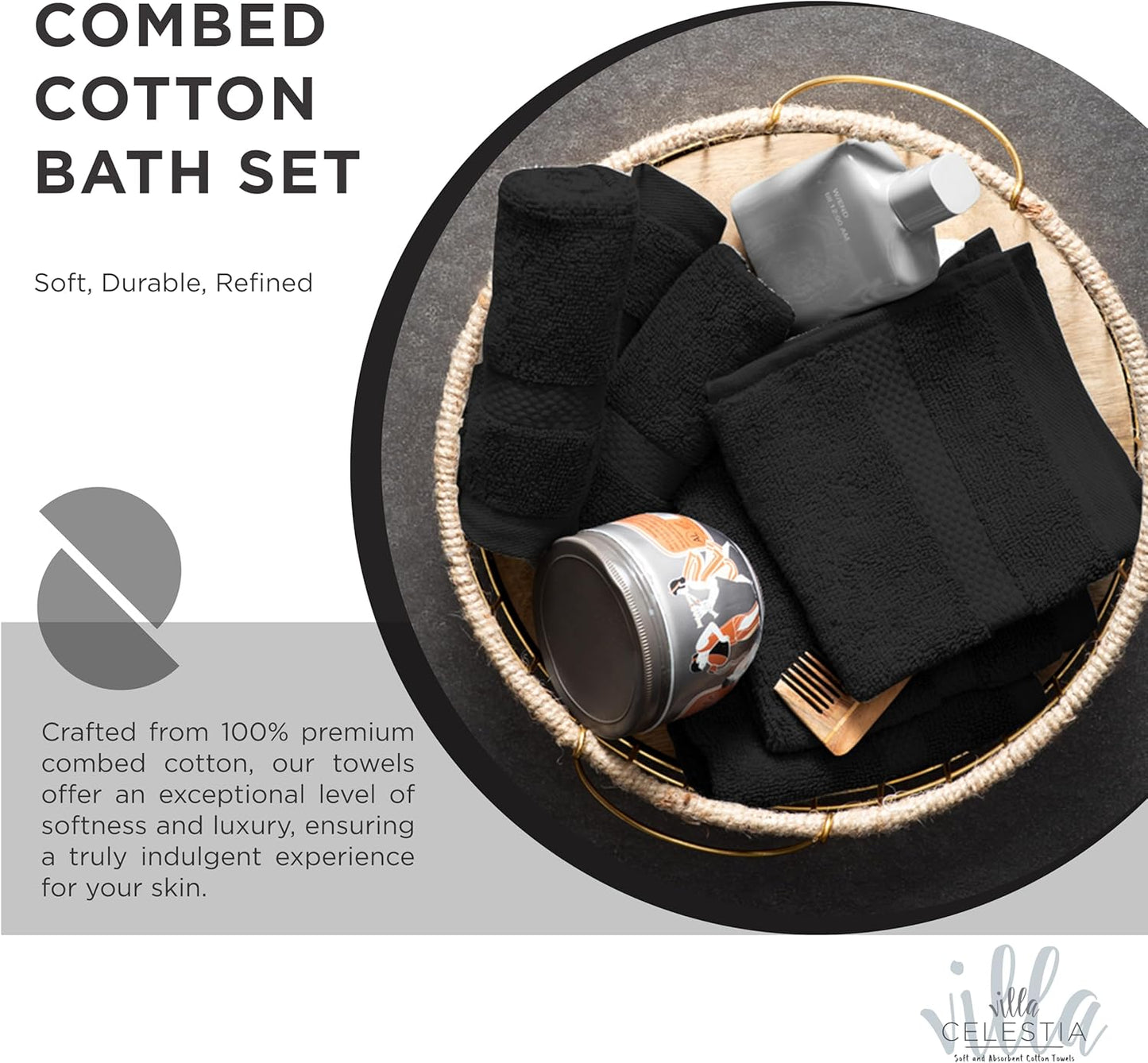 100% Cotton Bath Towel Set of 24-6 Bath Towels, 6 Hand Towels, 12 Wash Cloths, Sustainable, Soft, Highly Absorbent, Combed Cotton 24 Piece Set for Hotels, Spa, Bathroom, Dorm, Black