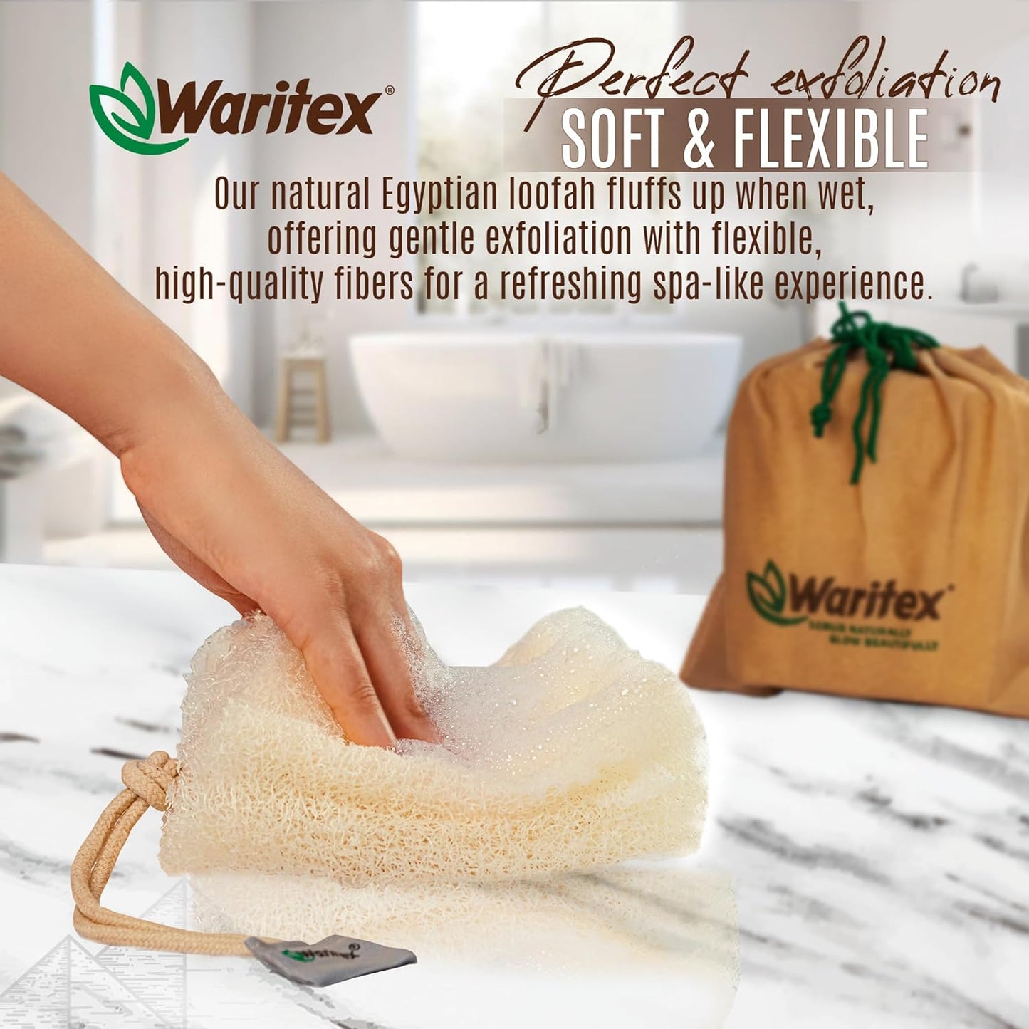 Waritex Premium Natural Egyptian Loofah Sponges, Made from 100% Natural Organic Material, Gentle Skin Exfoliation, and Full-Body Spa Experience – Eco-Friendly Loofah 2 Count (1 Pack)