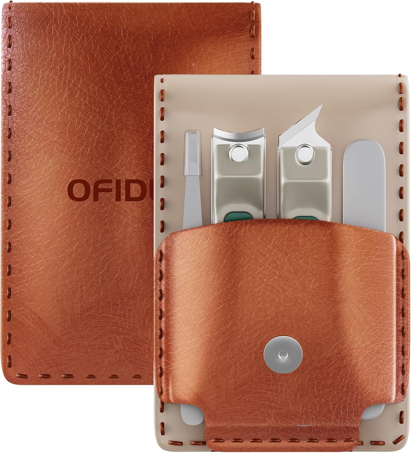 Nail Clippers Set Professional Stainless Steel Manicure Kit with Catcher, Curved & Oblique Clippers, Tweezers, and Nail File in Luxury Leather Case