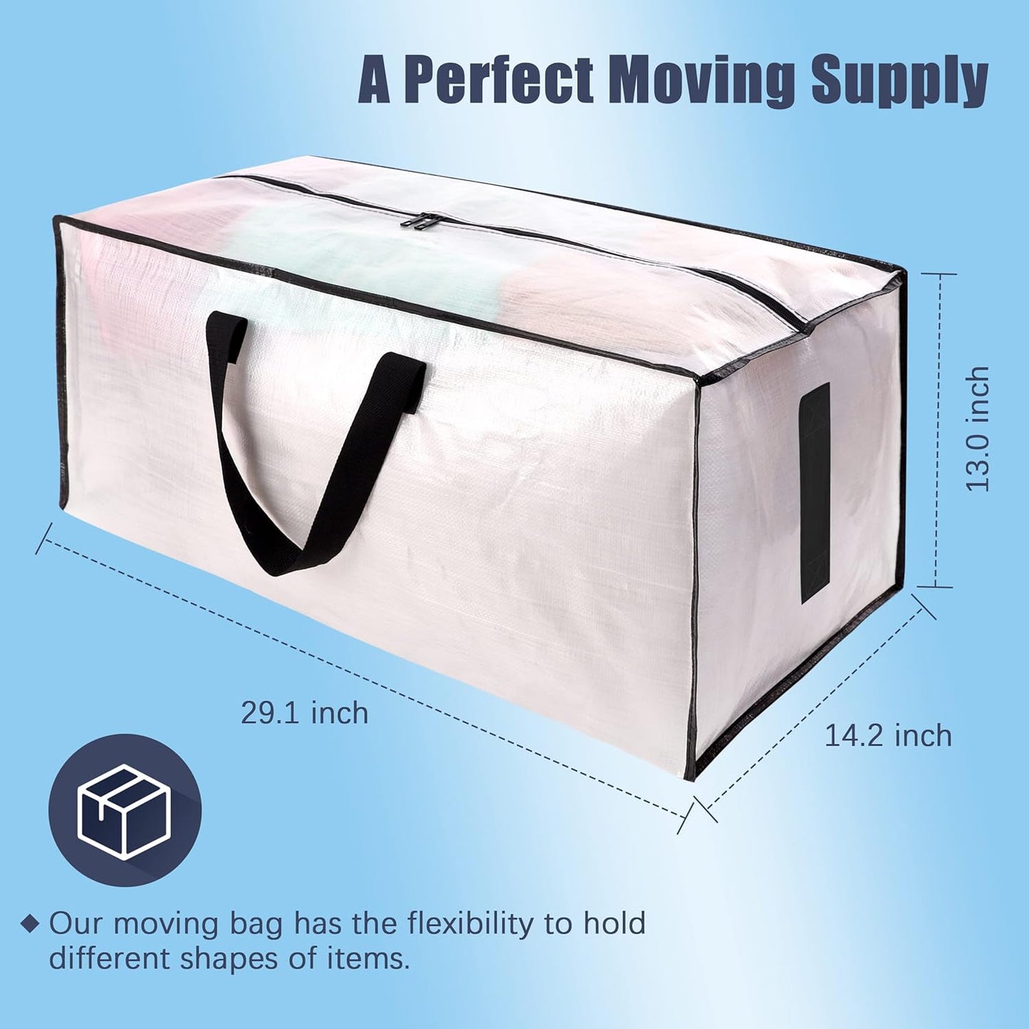 4 Pack Large Strong Moving Bags with Zippers & Carrying Handles - Water-Resistant - Heavy Duty Storage Tote for Space Saving, Fold Flat, Alternative to Moving Box (Semi-Transparent)