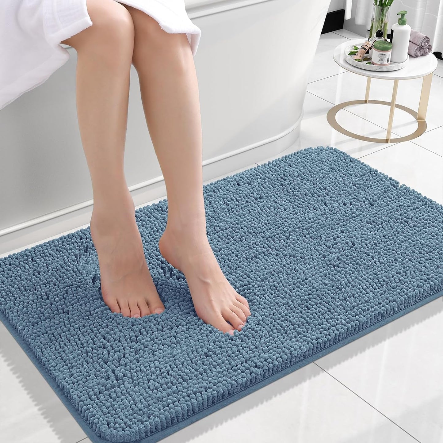 OLANLY Bathroom Rugs 24x16, Extra Soft Absorbent Chenille Bath Rugs, Rubber Backing Quick Dry, Machine Washable Bath Mats for Bathroom Floor, Tub and Shower, Home Decor Accessories, Airy Blue
