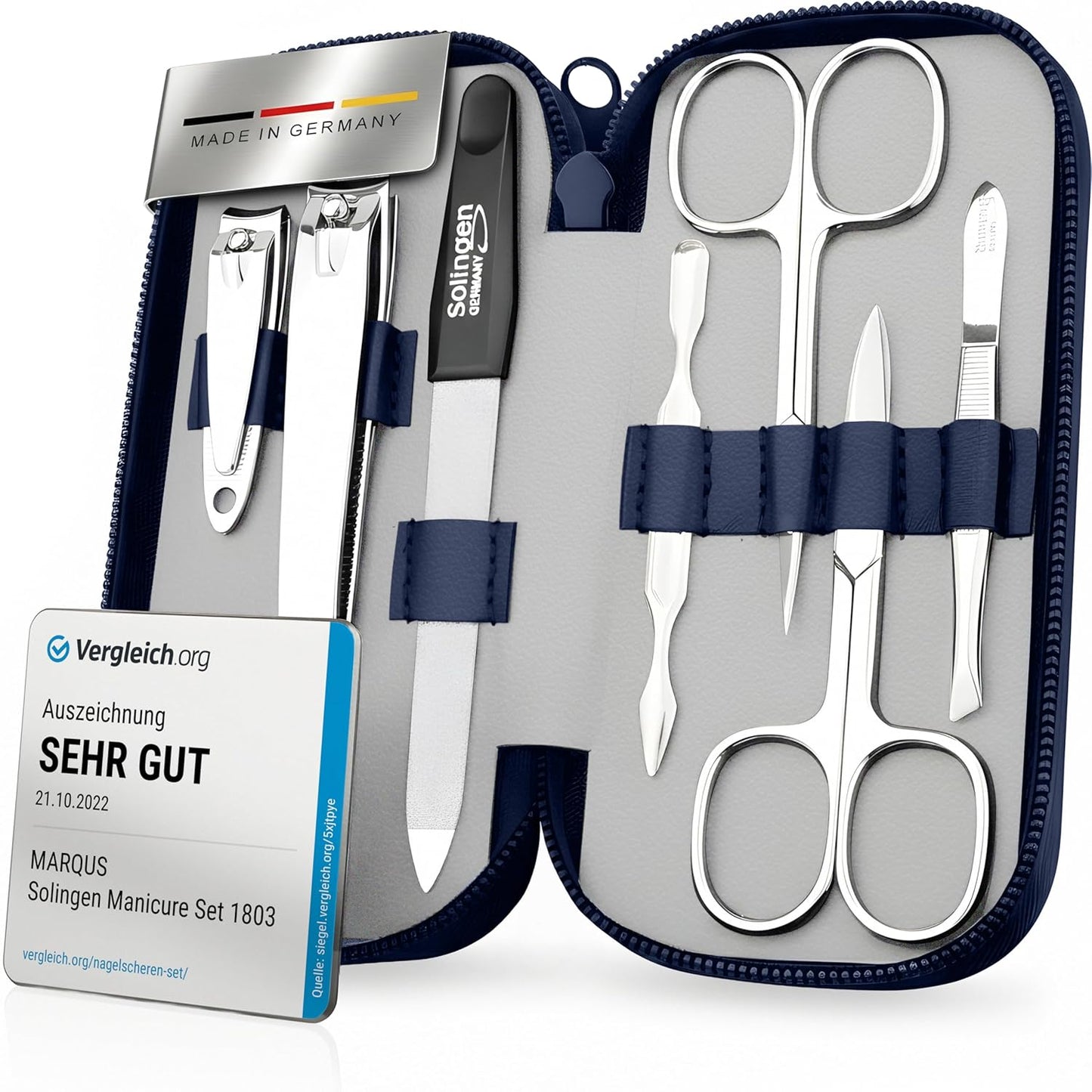 Manicure Set Solingen Made in Germany - 7 Piece Exclusive Finger & Toe Nail Clippers Kit for Women and Men in Real Leather Case, Color Blue