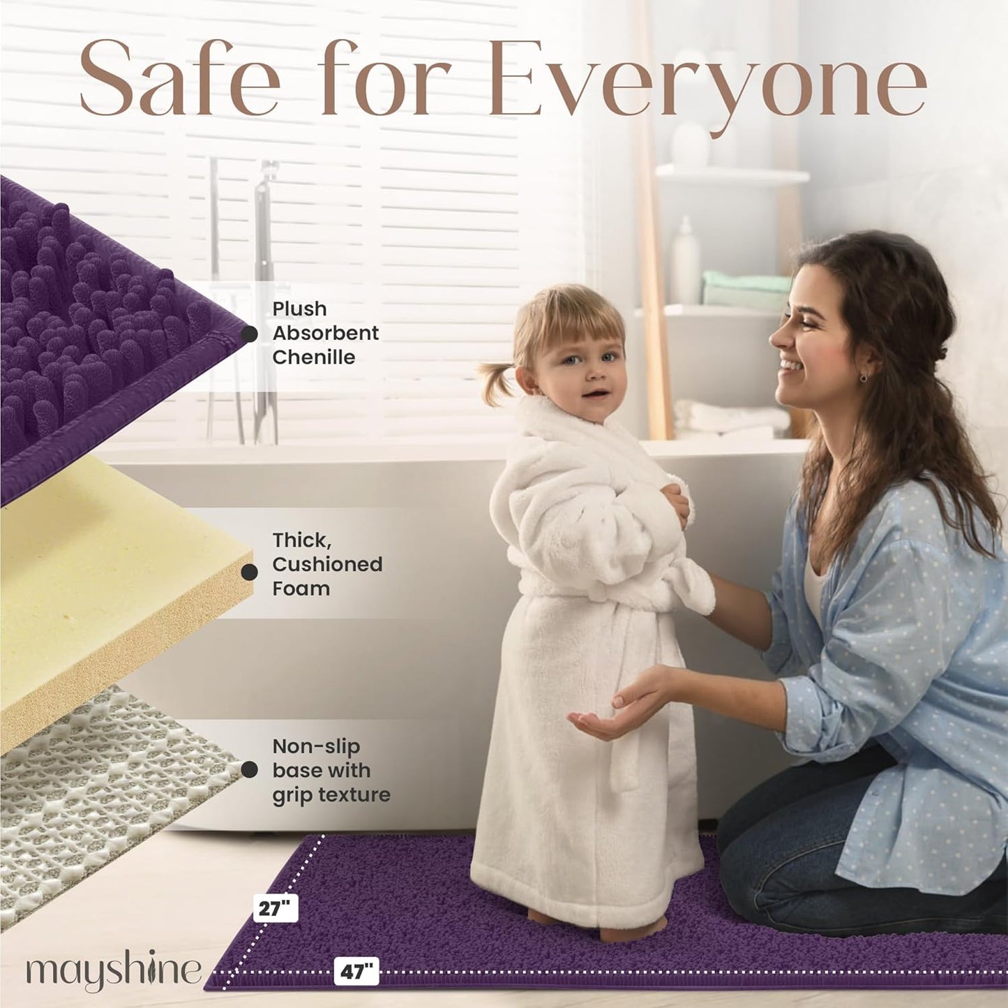 MAYSHINE Plush Shaggy Chenille Bath Mat | Extra Soft, Super Absorbent, Non-Slip Bathroom Rug | Fluffy Microfiber, Area Rug Sets for Bathroom Floor, Kitchen, Living Room | 47"x27" | Plum