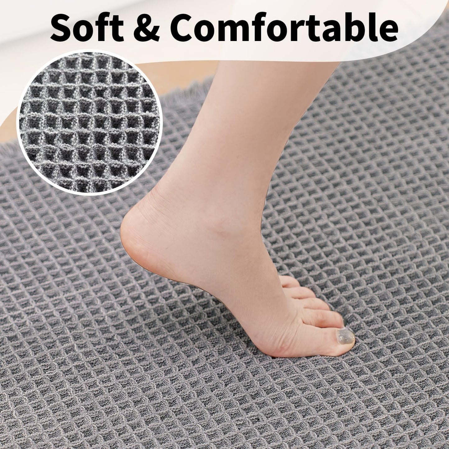 Waffle Bath Mat - Boho Bathroom Rugs Non Slip Washable, Super Absorbent & Quick Dry, Soft Bath Mat Farmhouse Bathroom Decor, 24'' x 48'', Light Grey
