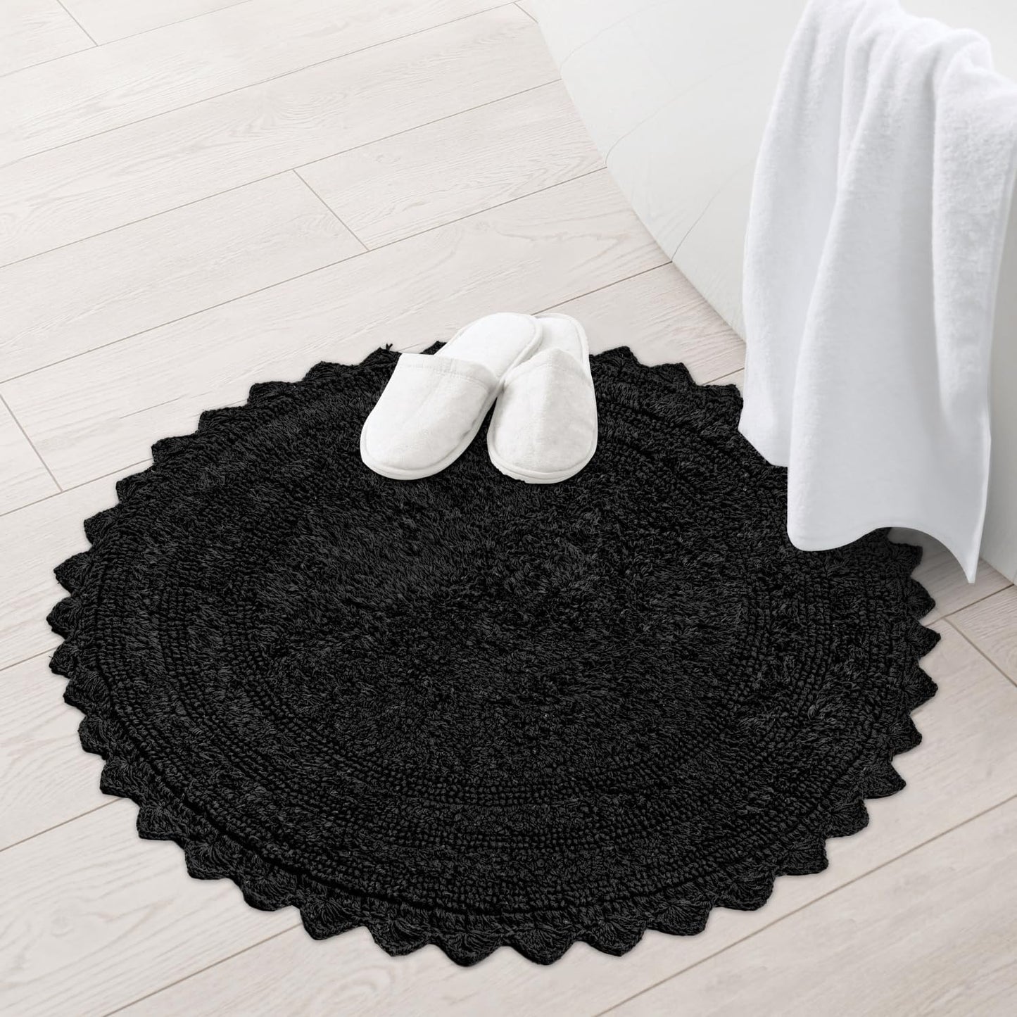 RAJRANG Black Cotton Circle Bath Mat – 24 Inches Round Reversible Rug with Crochet Detailing – Soft and Absorbent Boho Mat for Bathroom, Kitchen or Spa Use