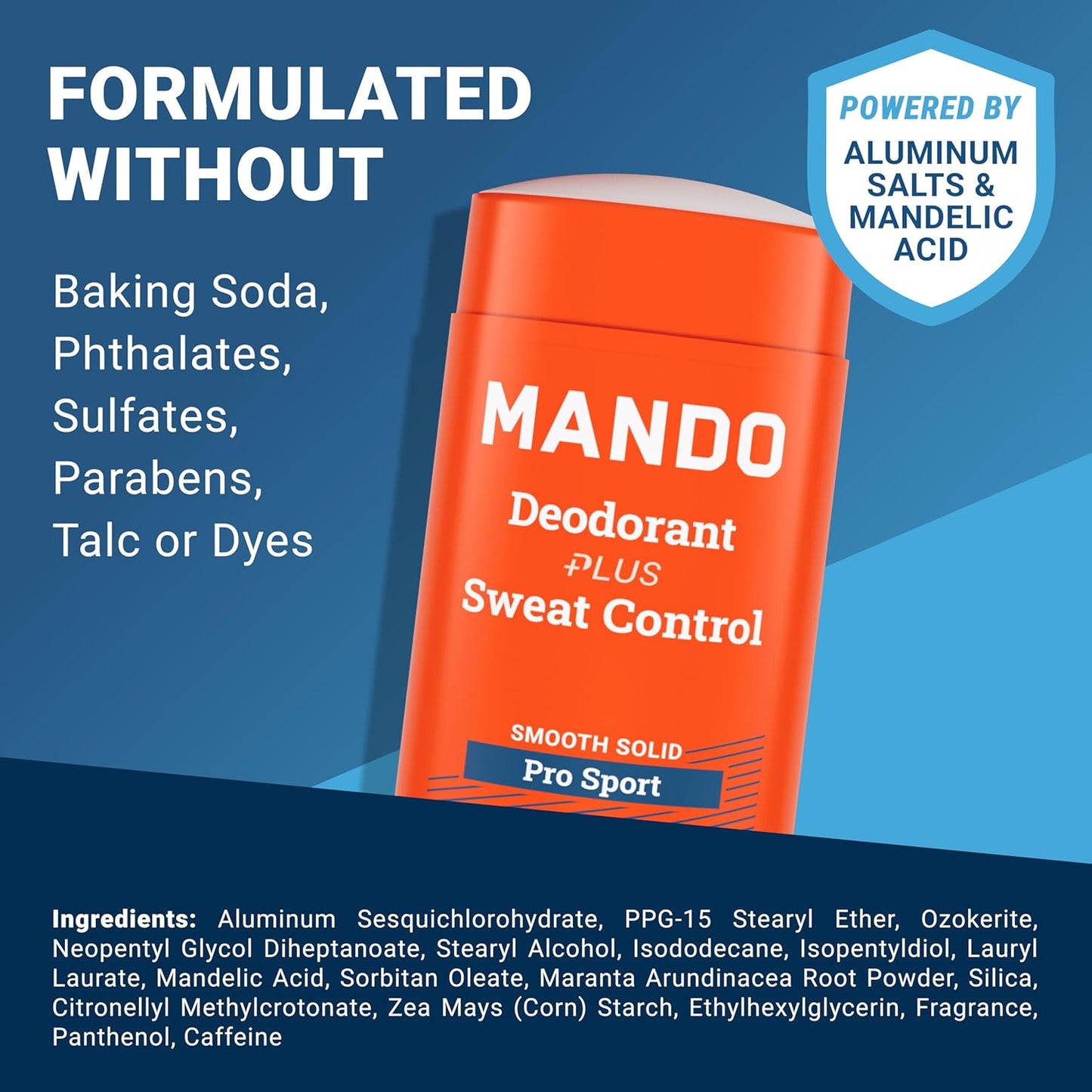 Mando Antiperspirant Deodorant Sweat and Odor Control for Men – Extra Strength Smooth Solid Stick – 72 Hour Performance – Baking Soda Free, Skin Safe – 2.6 oz – Pro Sport – Pack of 2
