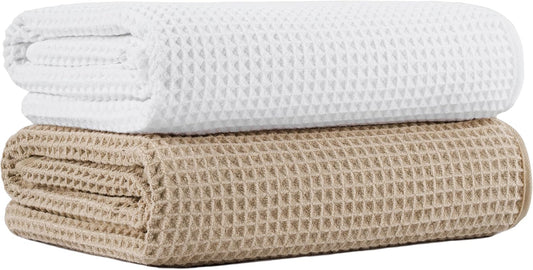 New Microfiber Waffle Bath Towels, 2 Pieces, Oversized, Soft, Absorbent, Fast Drying, Lint Free (Beige+White)