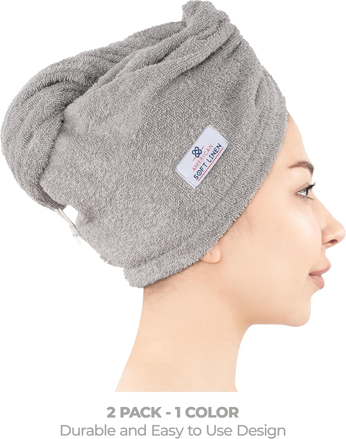 American Soft Linen 100% Cotton Hair Towels for Women, Head Towel Cap, Cotton Hair Turban Towel Wrap for Long Curly Anti Frizz Hair, Soft and Absorbent Cotton Hair Towels 2 Pack, Light Gray