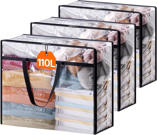 Lifewit 110L Large Clear Clothes Storage Bags, 3 Pack Plastic Vinyl Foldable Moving Bags with Zipper, Closet Organizers and Storage Containers for Blanket, Bedding, Duvet, Pillow, Comforter