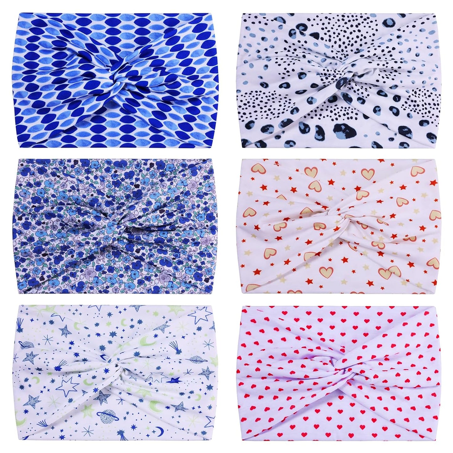 Extra Wide Headbands for Women, 7'' Large Cotton Like Turban Knotted Bandana Head Bands for Women Non Slip, Boho Headbands for Women's Hair (6PCS Print 1, average size)