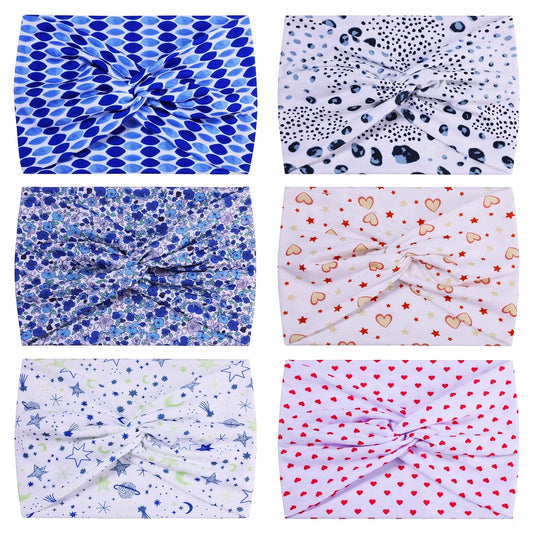 Extra Wide Headbands for Women, 7'' Large Cotton Like Turban Knotted Bandana Head Bands for Women Non Slip, Boho Headbands for Women's Hair (6PCS Print 1, average size)