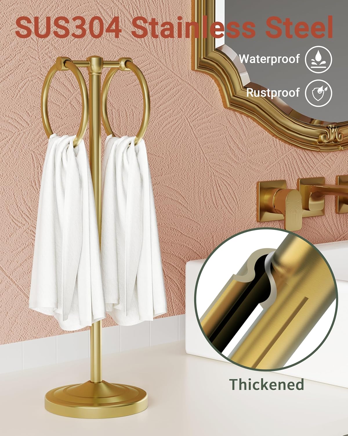 Hand Towel Holder Stand, SUS304 Stainless Steel Weighted Hand Towel Stand for Bathroom Kitchen Countertop Towel Stand with Double Stand Hand Towel Ring Total Height 18"(Brushed Gold)
