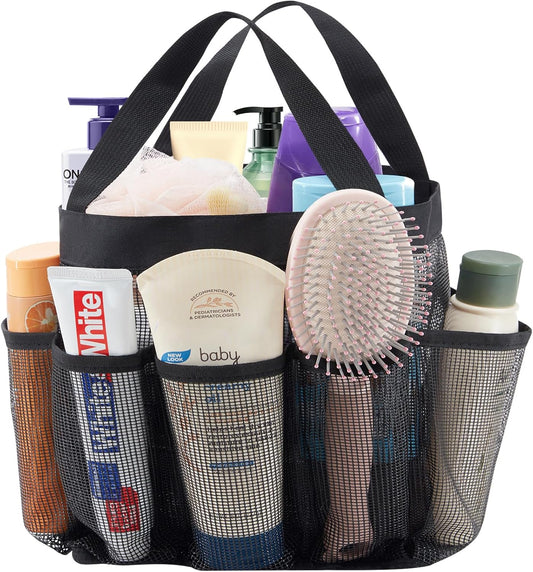 Lifewit Mesh Shower Caddy Freestanding Portable Shower Tote Bag for College Dorm, Bathroom, Gym, Travel, Quick Dry Hanging Organizer with 7 Storage Pockets for Toiletry Essentials, Large, Black