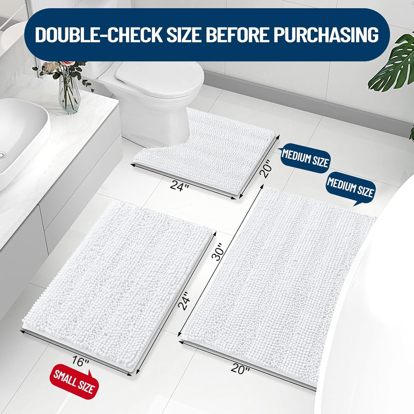 Grandaily Chenille Striped Bathroom Rugs 59x35, Extra Thick and Absorbent Bath Mats, Non-Slip Soft Plush Shaggy Shower Carpet, Machine Wash Dry, Bath Rug for Bathroom, White