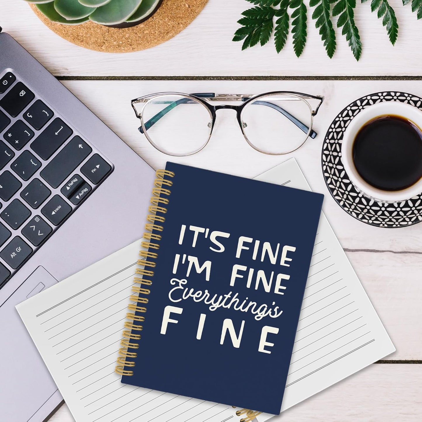 XPH Funny Navy Blue Spiral Notebook, It's Fine I'm Everything Is Fine Journaling Notebooks for Women Men, Humorous Hardcover Journals for Office 160 Pages 5.5 x 8.3 Inch, Sarcastic Gifts for Coworkers
