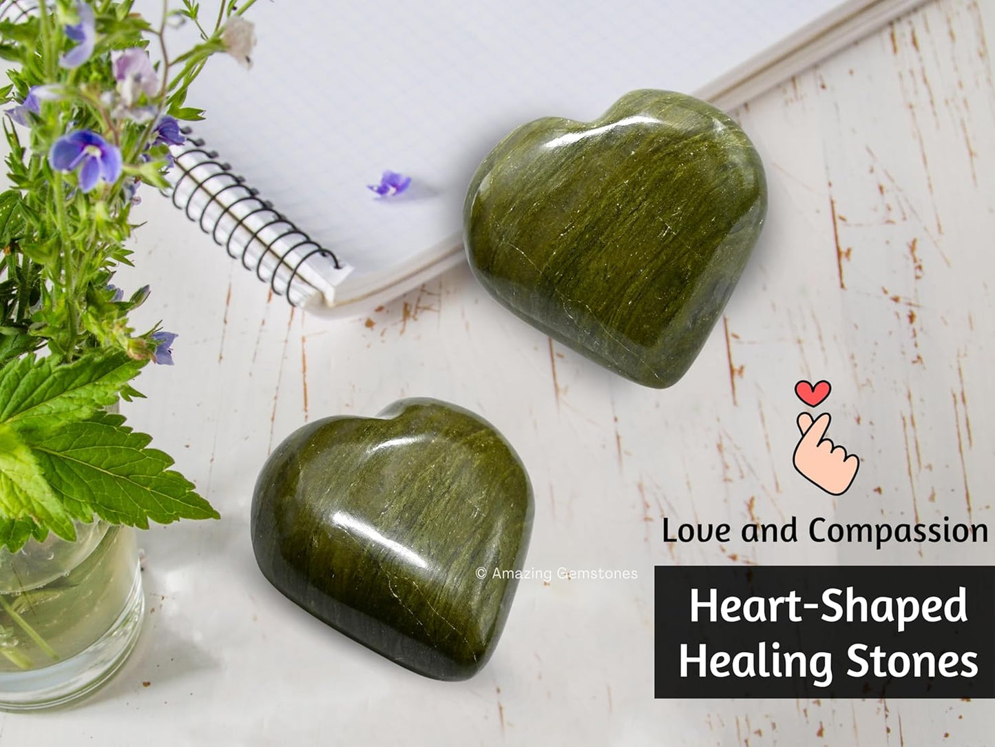 Vesuvianite Crystal Heart Palm Stone - Pocket Massage Worry Stone for Natural Body Chakra Balancing, Reiki Healing and Crystal Grid