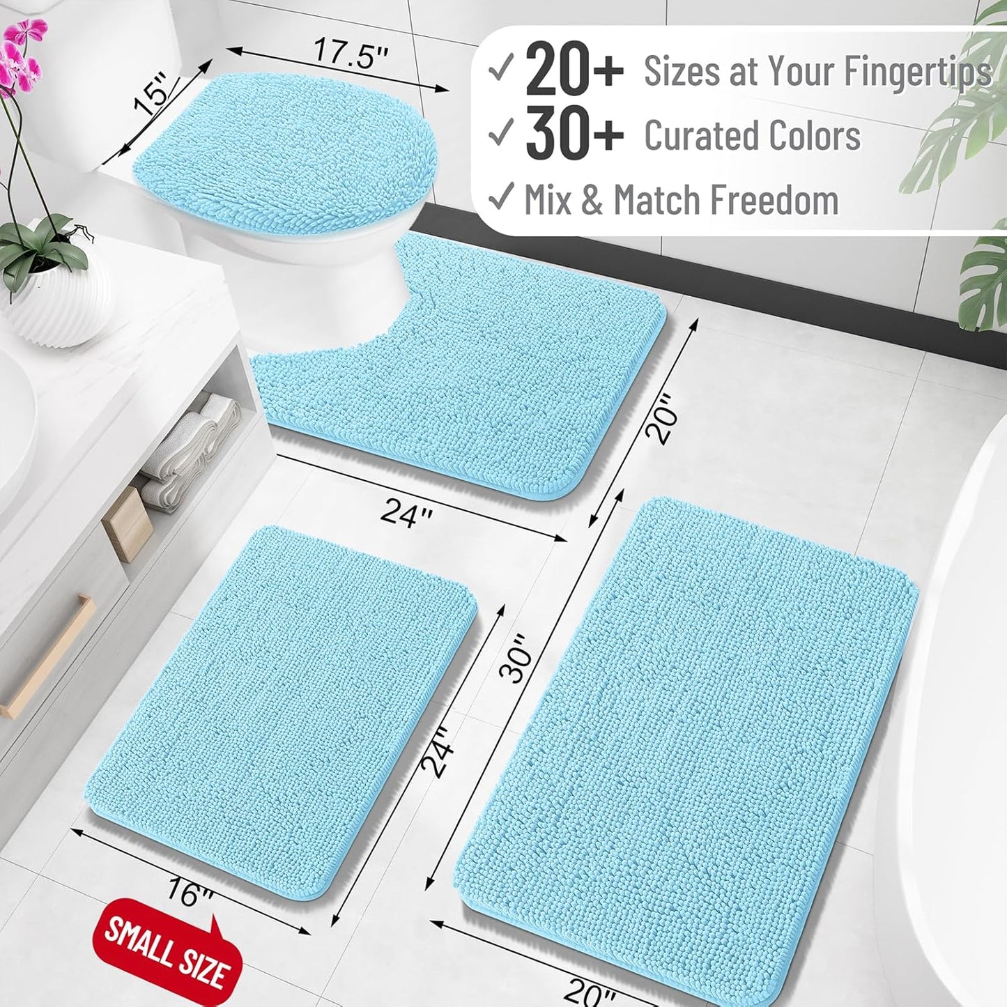 OLANLY Bathroom Rugs 24x16, Extra Soft Absorbent Chenille Bath Rugs, Rubber Backing Quick Dry, Machine Washable Bath Mats for Bathroom Floor, Tub and Shower, Home Decor Accessories, Sky Blue
