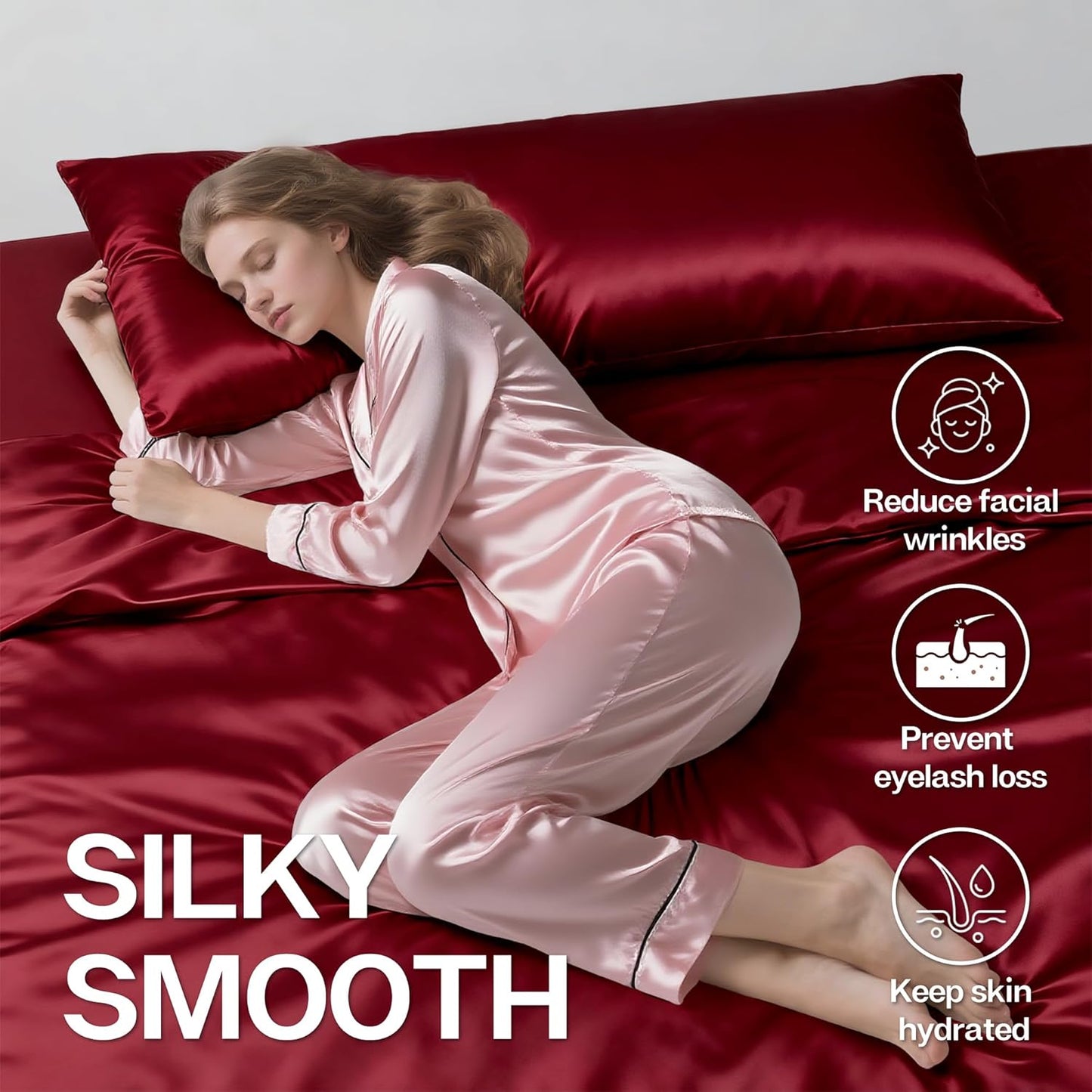 MR&HM Satin Body Pillow Cover, Soft and Breathable Body Pillow Case with Envelope Closure, Cooling and Silky Long Pillowcase for Hair and Skin,Grey (20x54, Burgundy)