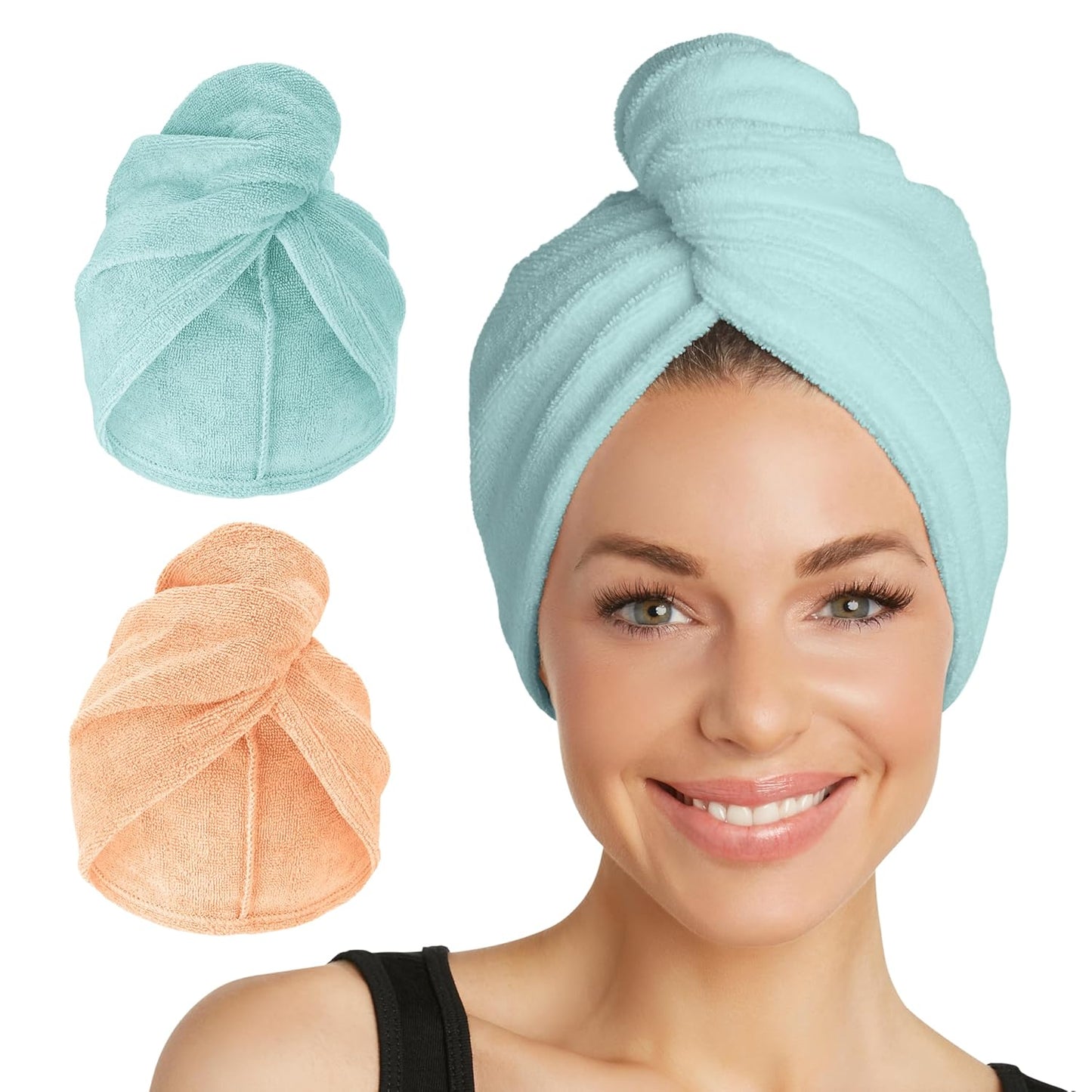 Turbie Twist 2-Pack Microfiber Hair Towel for Beauty, Travel, Gifting - Hair Wrap Turban for Straight, Wavy & Curly Hair - Premium Personal Care - Bermuda & Peach