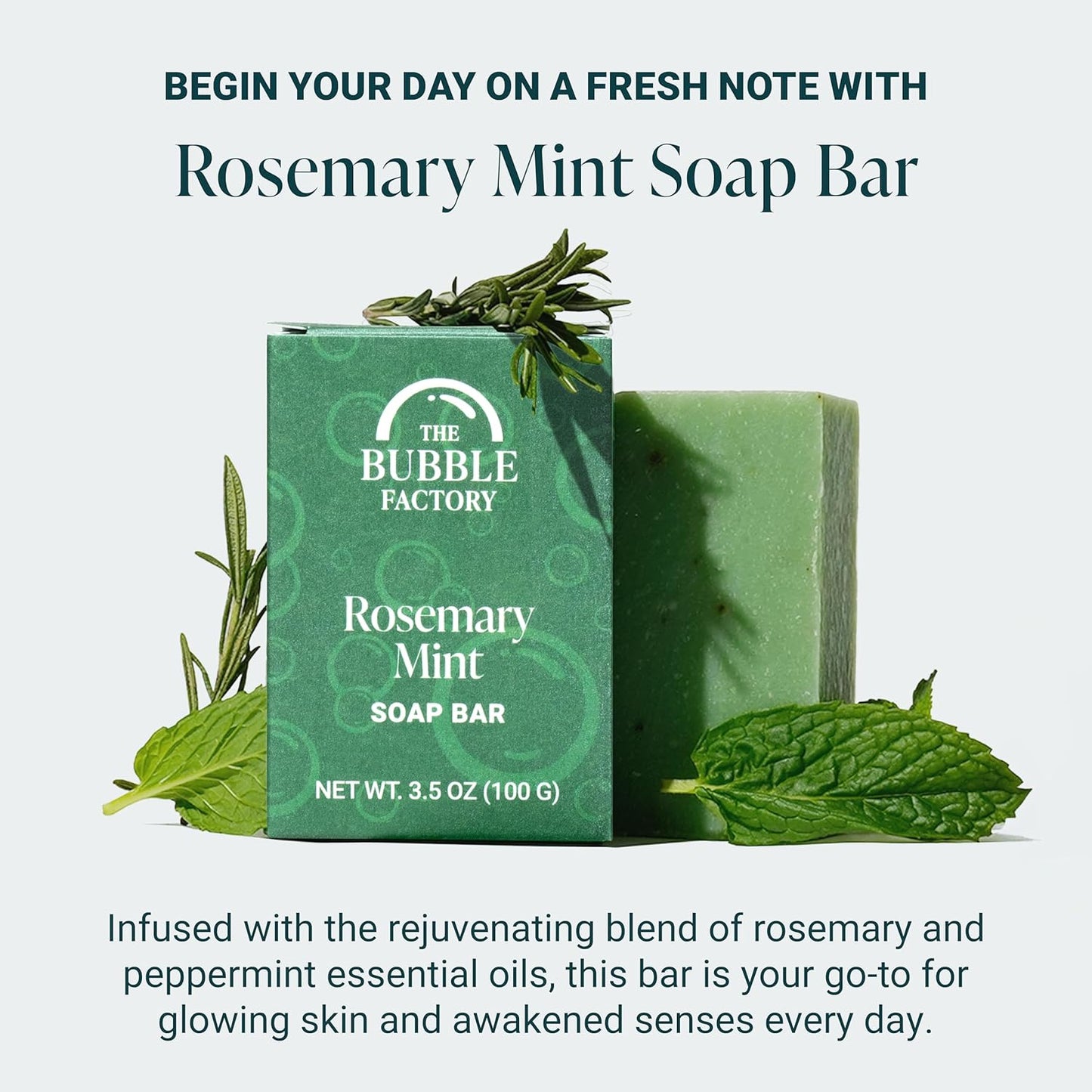 The Bubble Factory Handmade Soap, All Natural Soap for Women & Men, Hand, Bath & Body Natural Bar Soap, Vegan, Palm Oil Free, Made in USA with Shea Butter + Essential Oils, Rosemary Mint, Single