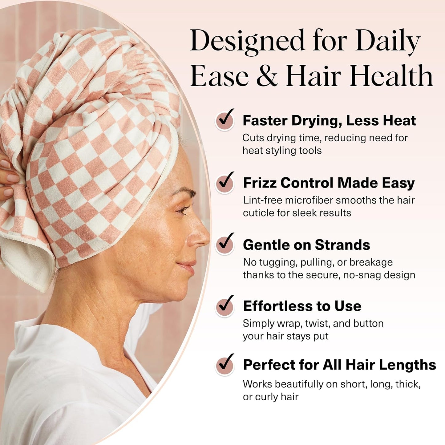 Kitsch XL Microfiber Hair Towel Wrap for Women – Ultra Absorbent Microfiber Towel for Wet, Curly, Long or Short Hair – Quick Dry, Anti-Frizz Hair Wrap – Terracotta Checkered, 40x24 inches