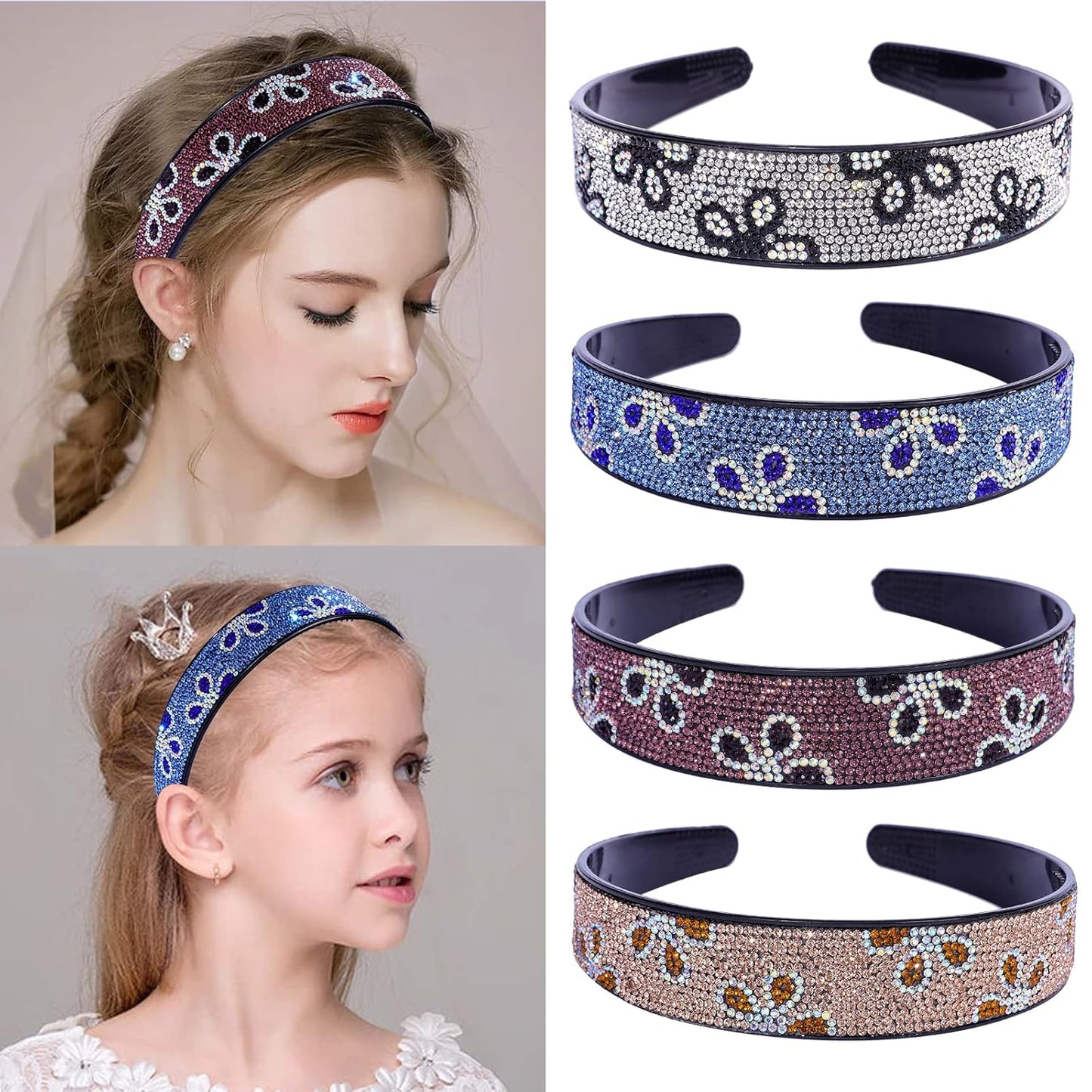 Rhinestone Headbands for Women Girls,4PCS Sparkly Flower Crystal Headband Non Slip,Plastic Rhinestone Hair Hoop Tooth Hair Bands,Comfortable Daily Prom Party Head Accessories
