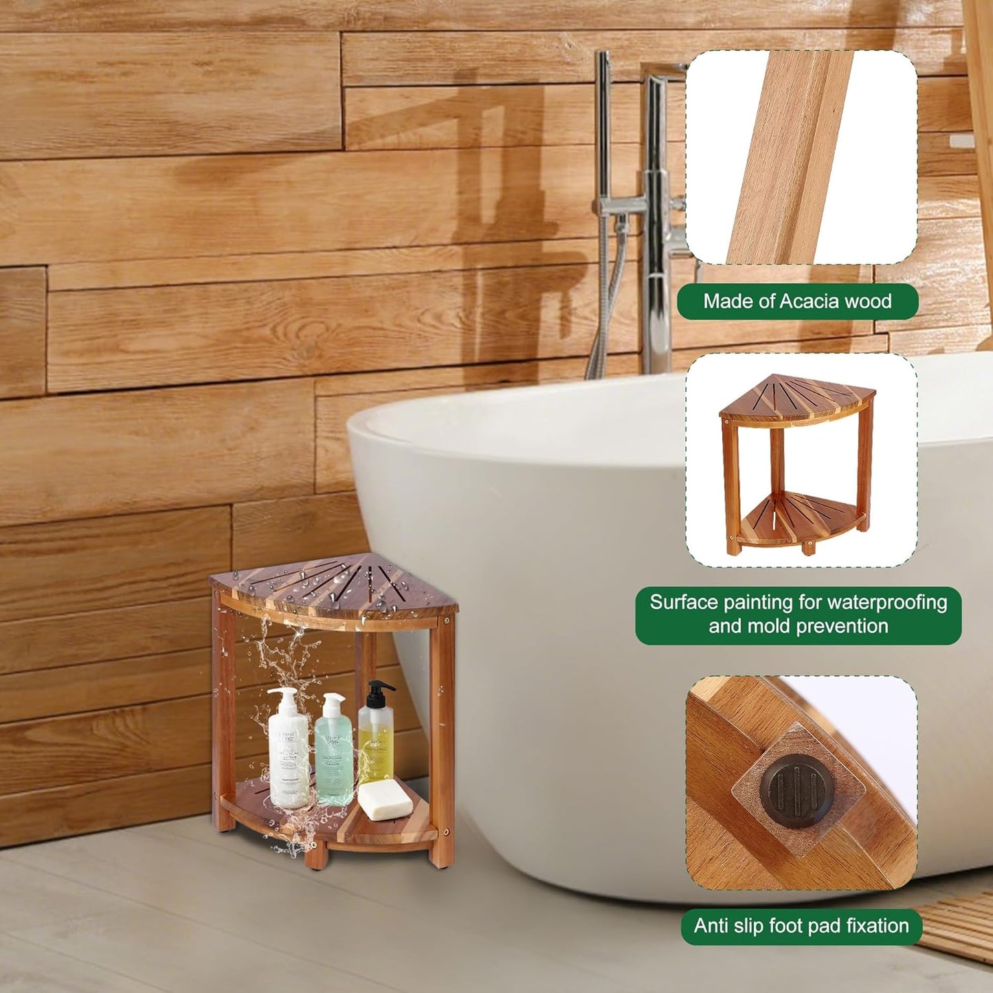 Bathroom Corner Shower Stool with Storage Shelf, Shower Feet Stool, Non-Slip Adjustable Feet Drain Holes, for Shaving Legs, SpacemSaving Shower Bench with Storage for Small Spaces