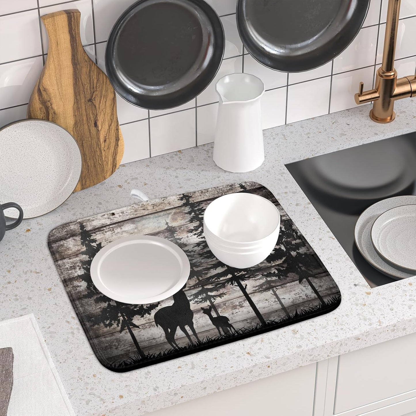 Forest Deer Dish Drying Mat Wildlife Animal Decorative Microfiber Dishes Pad 16x18 Inch Absorbent Reversible Kitchen Counter Drainer Mats