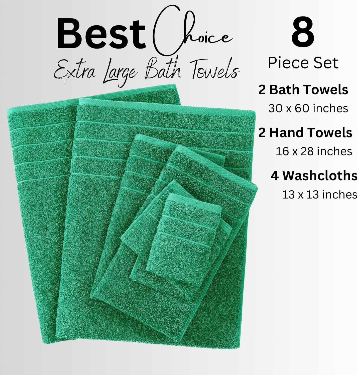 Casa Platino 100% Mercerized Cotton Bathroom Towel Set - 8 Pieces, Hotel Quality - Super Soft & Highly Absorbent - Ring Spun - 2 Large Bath Towels, 4 Washcloths, 2 Hand Towels - Family Pack - Emerald