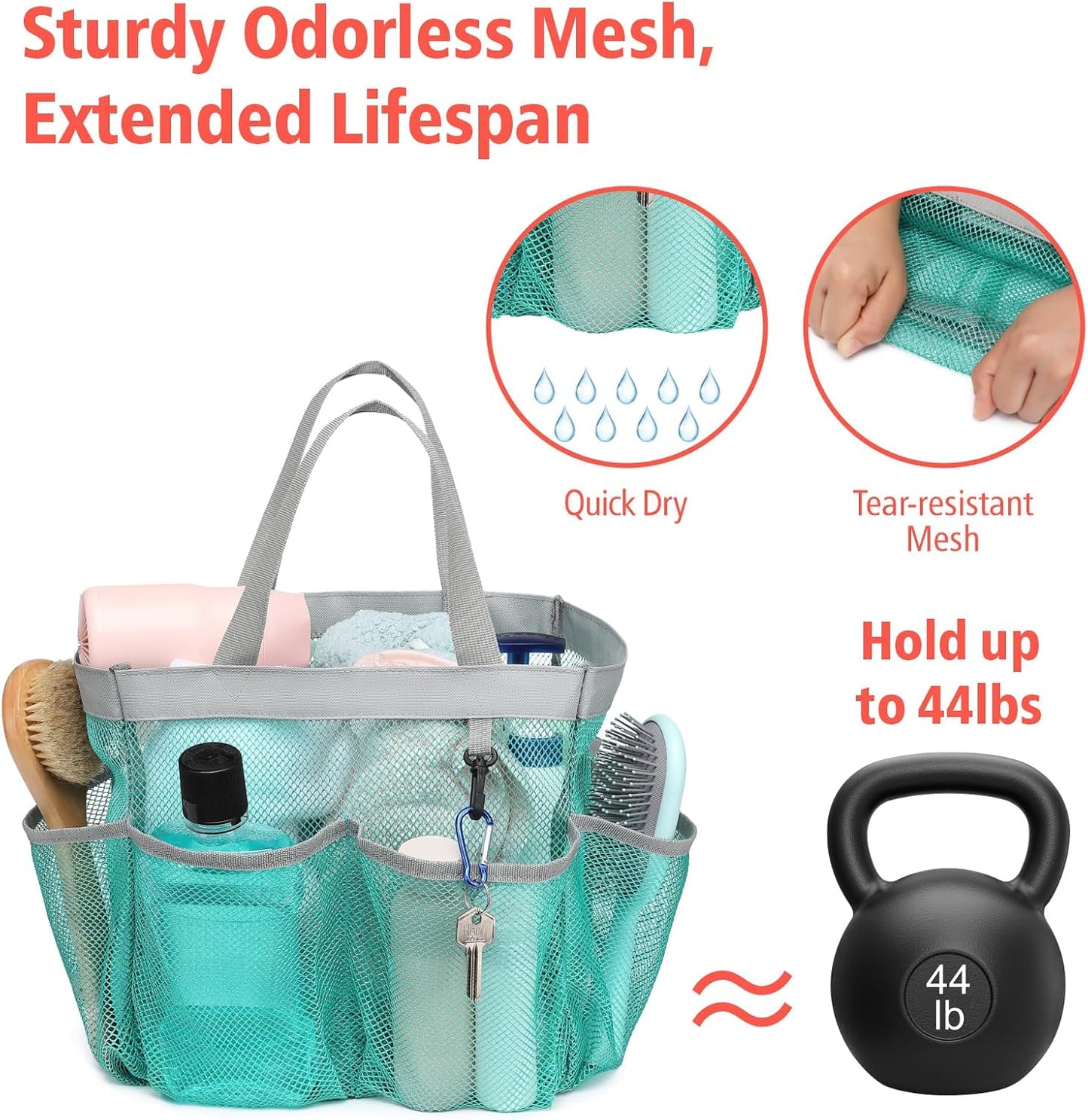 F-color Mesh Shower Caddy Portable - 2 Handles Upgrade Deeper 7 Pockets Basket Bag Tote for College Dorm Room Toiletry Bathroom Essentials Gym Camp Quick Dry with S Hook, 2 Pack Mint Green