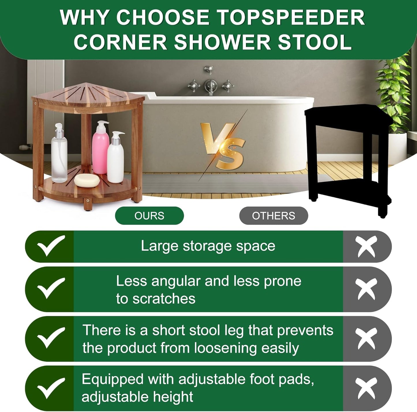 Bathroom Corner Shower Stool with Storage Shelf, Shower Feet Stool, Non-Slip Adjustable Feet Drain Holes, for Shaving Legs, SpacemSaving Shower Bench with Storage for Small Spaces