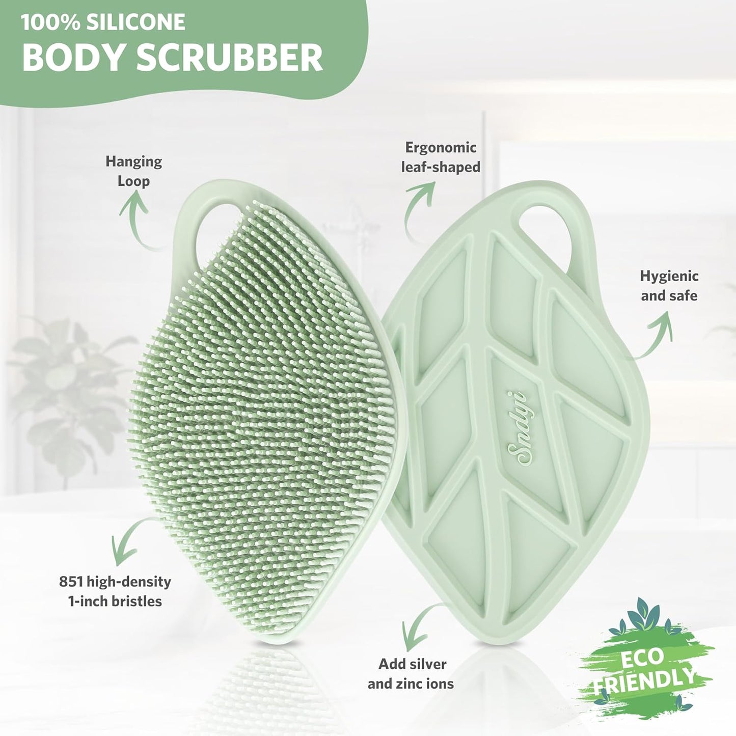 Sndyi Silicone Body Scrubber, Gentle Exfoliating Body Scrubber for Sensitive Skin, Leaf Shaped Shower Scrubber for Body with Lathering Bristles, Silicone Loofah Body Brush for Showering, Green