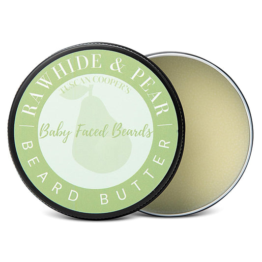 Tuscan Cooper's Baby Faced Beards Butter for Men - Moisturizing Beard Balm Cream and Softener for All Hair Types Including Coarse Hair - 4oz Hydration and Conditioning Care - Rawhide and Pear Scent