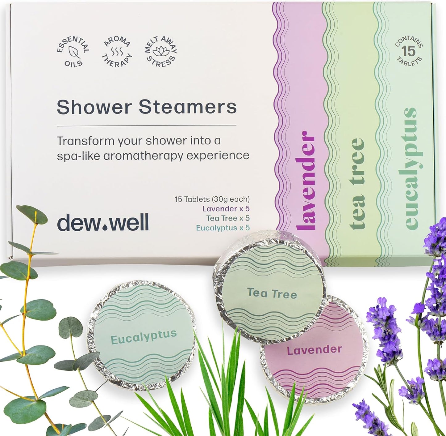 Dew Well - Shower Steamers - 15 Count Shower Bomb - Spa Aromatherapy Right in Your Home - Relax and Unwind - Variety Pack (Lavender, Eucalyptus & Tea Tree)