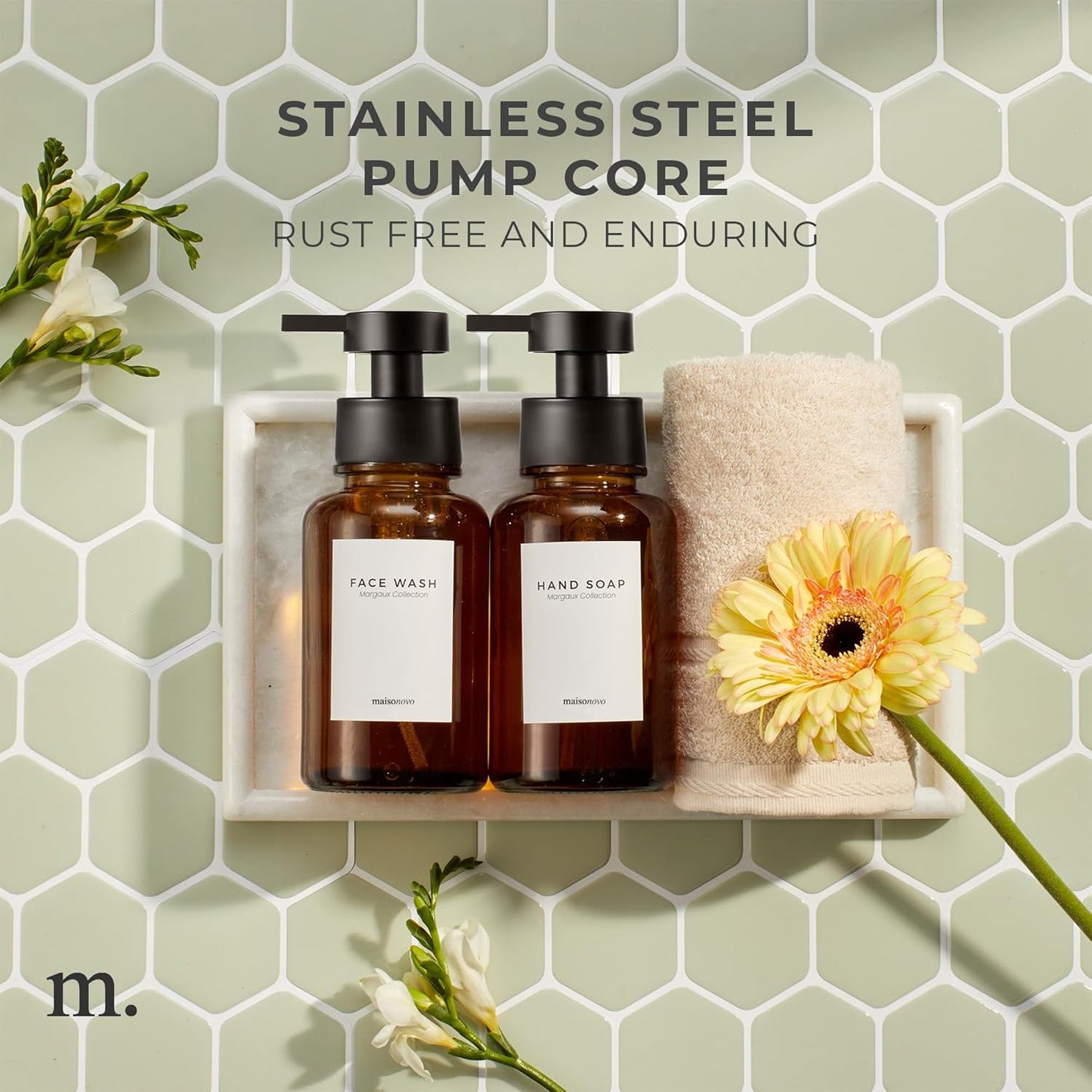 MaisoNovo Glass Foaming Soap Dispenser 14 Oz | Amber Glass Black Pumps x 2 with Tray