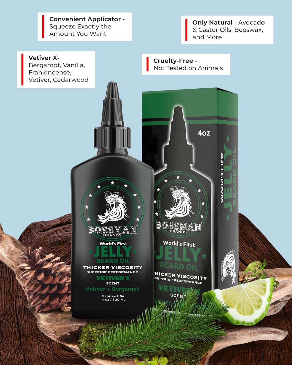 Bossman Jelly Beard Oil for Men (4 oz, Vetiver X Scent) – Softens, Moisturizes & Conditions with Natural Ingredients