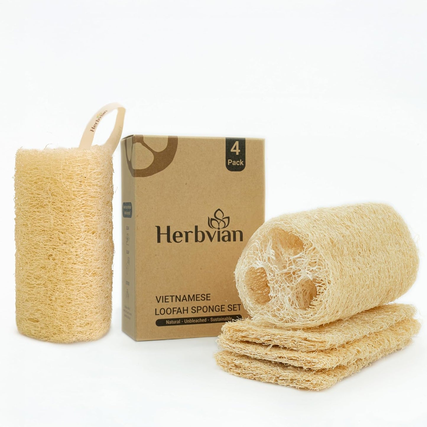 Natural Vietnamese Loofah Sponge, 100% Plant-Based Luffa Exfoliating Body Scrubber for Shower, Multi-Functional for Kitchen, Ideal for Men & Women, Spa & for Pet (Pack 4)