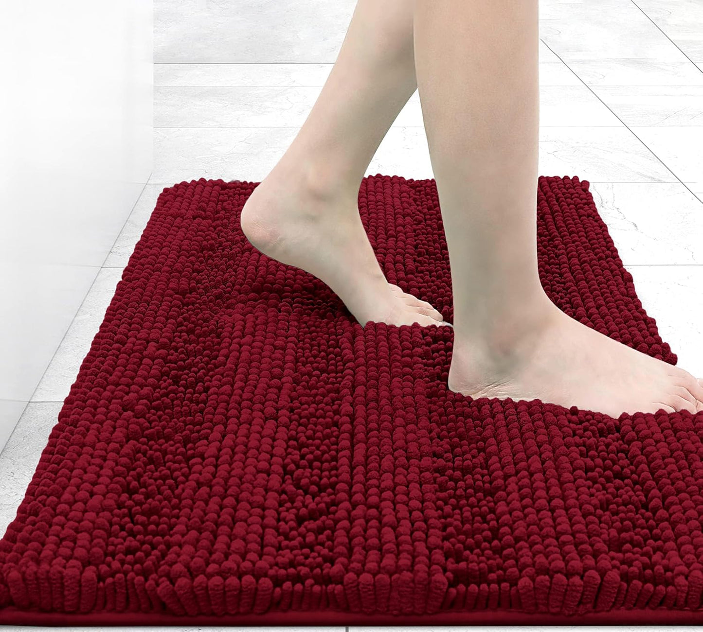 Grandaily Chenille Striped Bathroom Rugs 24x16, Extra Thick and Absorbent Bath Mats, Non-Slip Soft Plush Shaggy Shower Carpet, Machine Wash Dry, Bath Rug for Bathroom, (Small, Red)