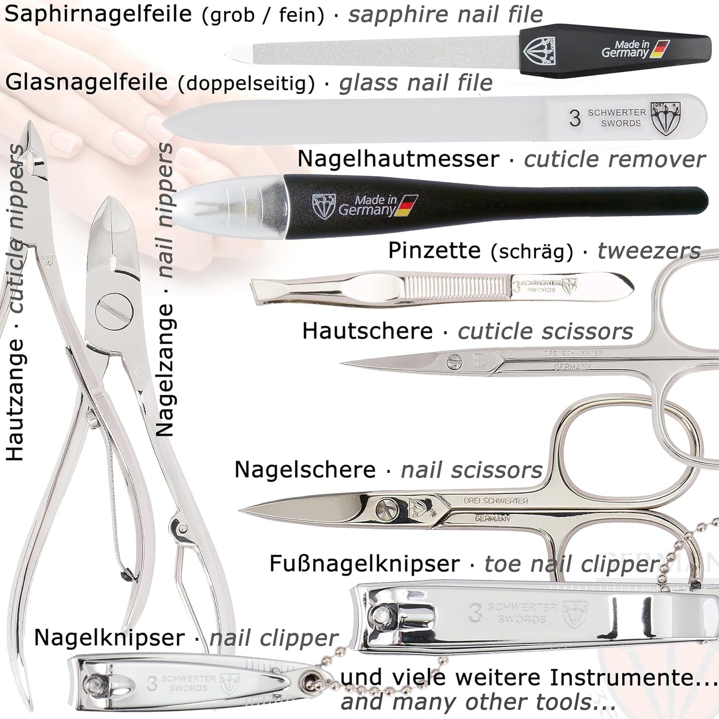 3 Swords Germany - brand quality 16 piece manicure pedicure grooming kit set for professional finger & toe nail care scissors clipper synthetic leather case, Made in Germany